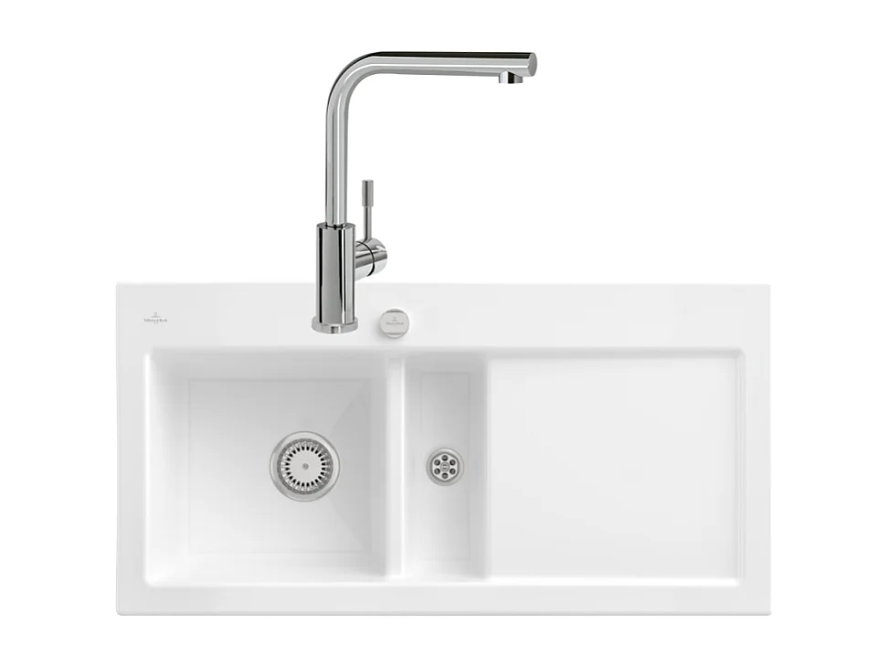 Evier VILLEROY ET BOCH Subway Pure 60 1 bac et demi égouttoir à droite vidage auto + Robinet Modern Steel Acier Massif Poli