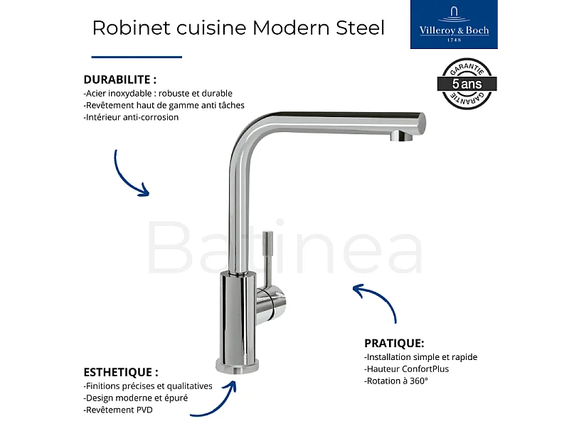 Evier VILLEROY ET BOCH Subway Pure 60 1 bac et demi égouttoir à droite vidage auto + Robinet Modern Steel Acier Massif Poli