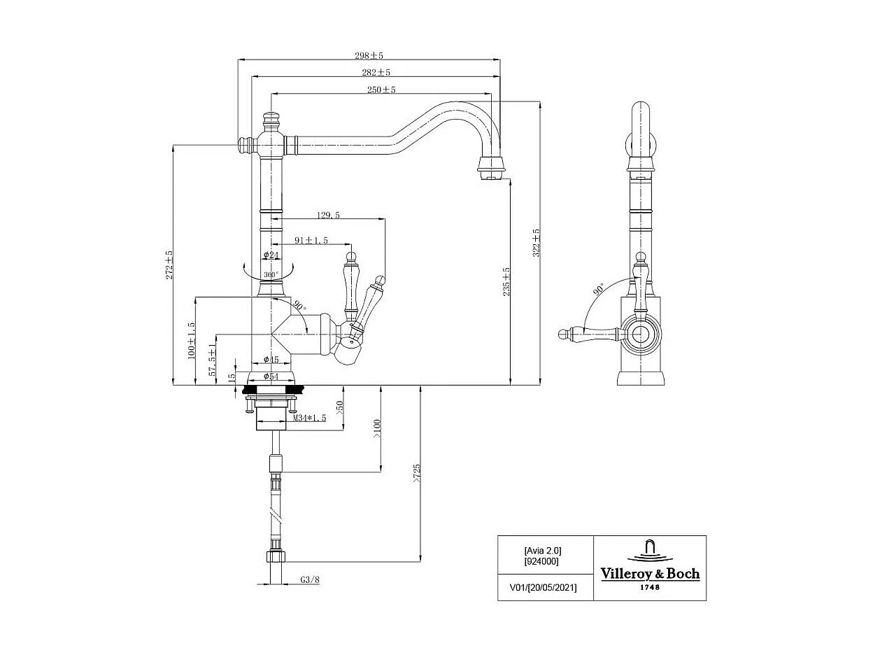 Evier VILLEROY ET BOCH Timbre d'office Tradition 2 bacs vidage auto + Robinet de cuisine Avia 2.0 Bronze