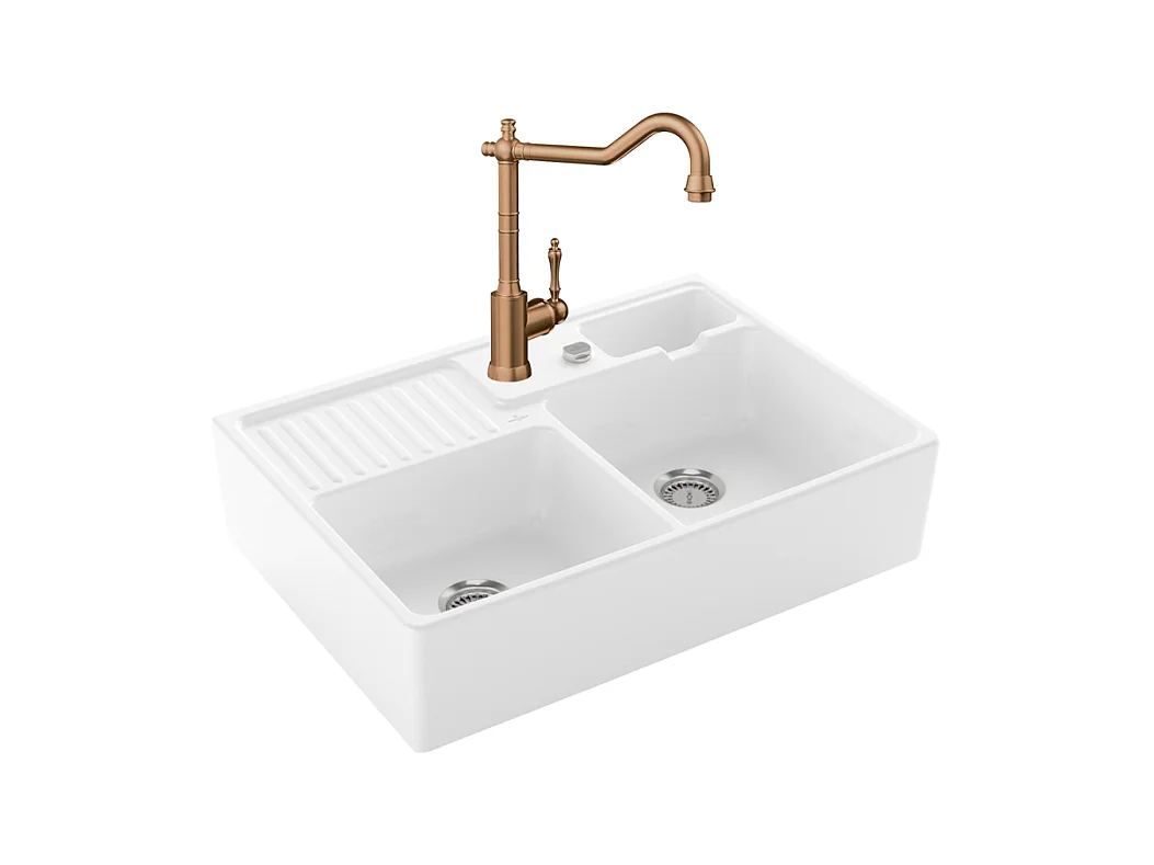 Evier VILLEROY ET BOCH Timbre d'office Tradition 2 bacs vidage auto + Robinet de cuisine Avia 2.0 Bronze