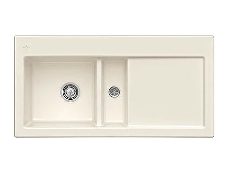 Evier 1 cuve et demi VILLEROY ET BOCH Subway 60 100 x 51 cm egouttoir a droite Creme CeramicPlus avec vidage automatique