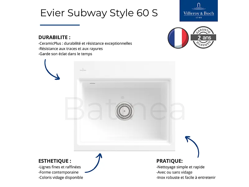 Evier VILLEROY ET BOCH Subway Style 60 S Almond CeramicPlus vidage manuel finition anthracite