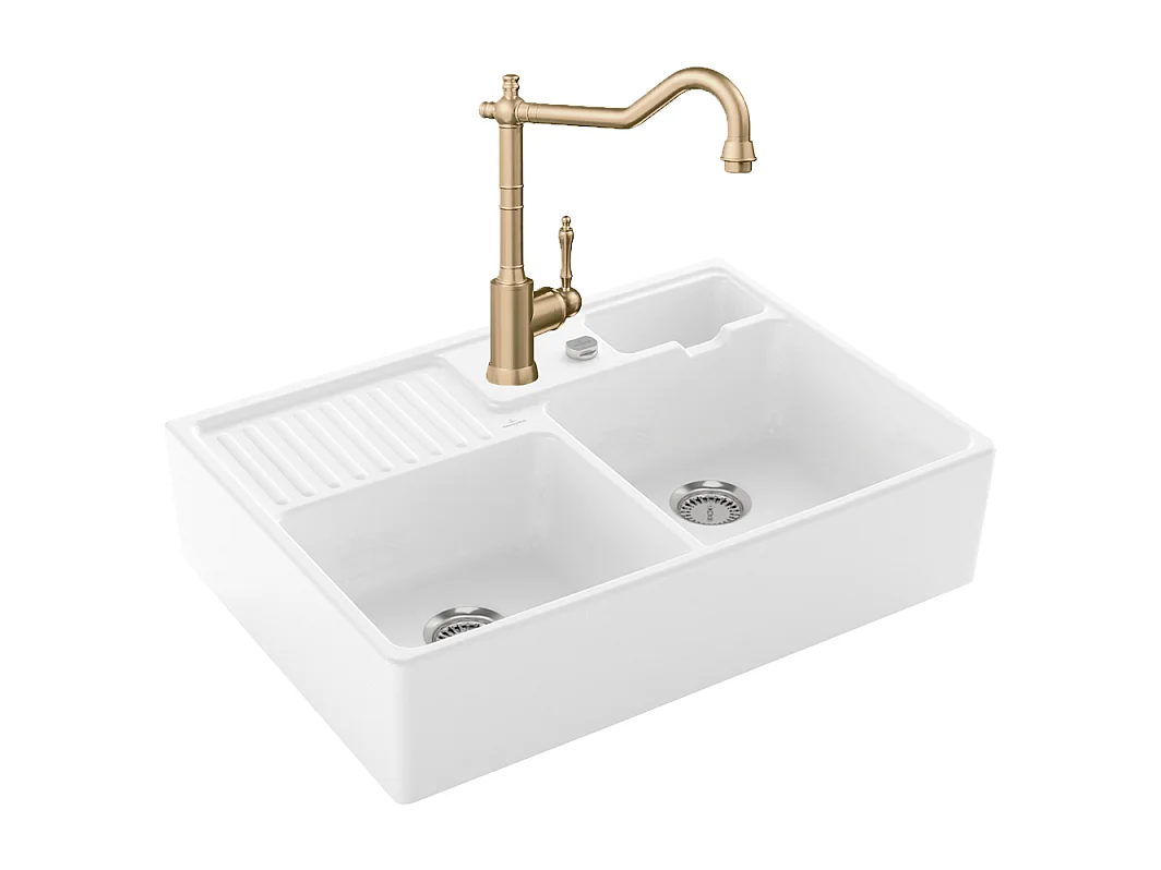 Evier VILLEROY ET BOCH Timbre d'office Tradition 2 bacs vidage auto + Robinet de cuisine Avia 2.0 Or Mat