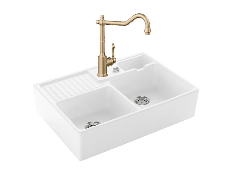 Evier VILLEROY ET BOCH Timbre d'office Tradition 2 bacs vidage auto + Robinet de cuisine Avia 2.0 Or Mat