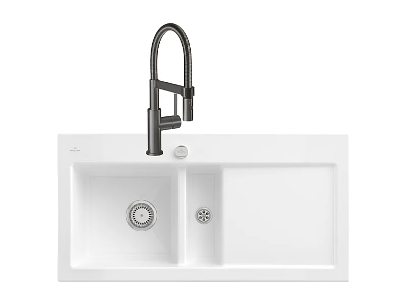 Evier VILLEROY ET BOCH Subway Pure 60 1 bac et demi égouttoir à droite vidage auto + Robinet Steel Expert Compact Anthracite