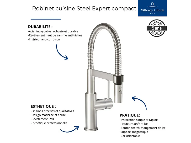 Evier VILLEROY ET BOCH Subway Pure 60 1 bac et demi égouttoir à droite vidage auto + Robinet Steel Expert Compact Anthracite