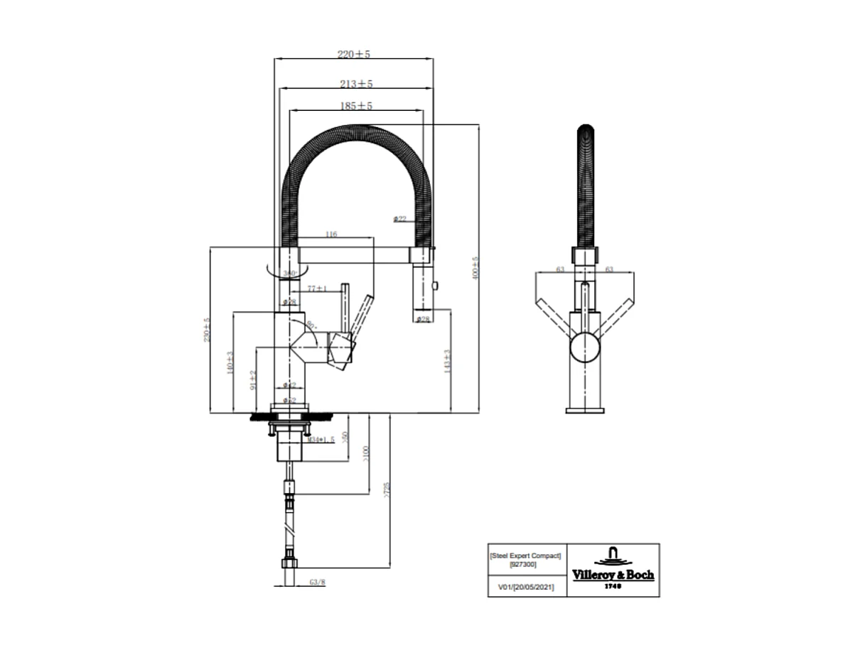 Evier VILLEROY ET BOCH Subway Pure 60 1 bac et demi égouttoir à droite vidage auto + Robinet Steel Expert Compact Anthracite