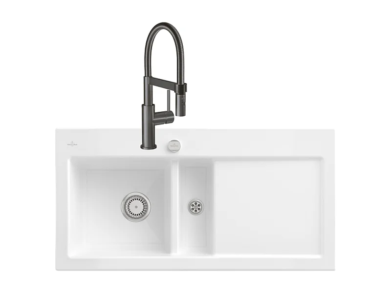 Evier VILLEROY ET BOCH Subway Pure 60 1 bac et demi égouttoir à droite vidage auto + Robinet Steel Expert Compact Anthracite