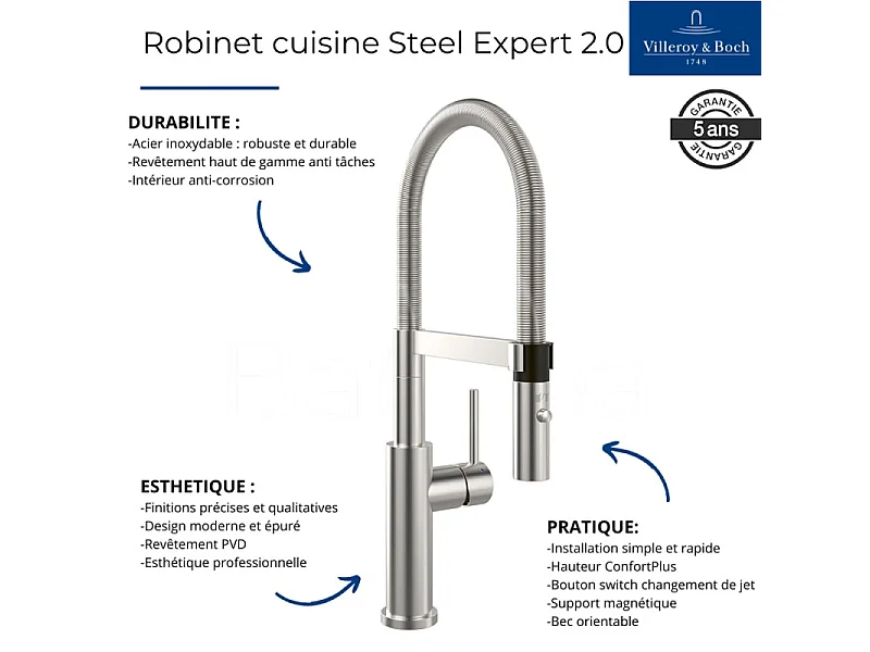 Evier VILLEROY ET BOCH Subway Pure 60 1 bac et demi égouttoir à droite vidage auto + Robinet Steel Expert 2.0 Acier Massif