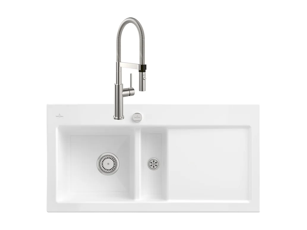 Evier VILLEROY ET BOCH Subway Pure 60 1 bac et demi égouttoir à droite vidage auto + Robinet Steel Expert 2.0 Acier Massif