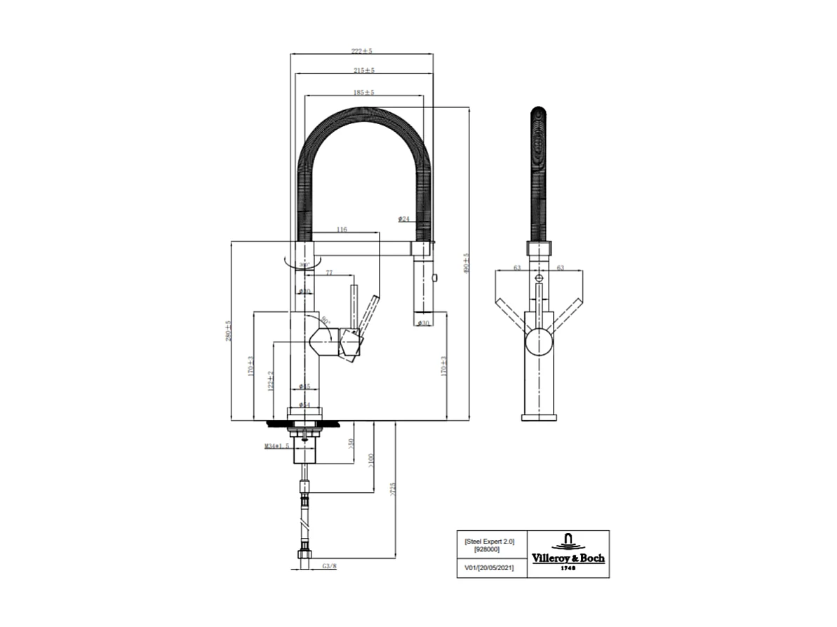 Evier VILLEROY ET BOCH Subway Pure 60 1 bac et demi égouttoir à droite vidage auto + Robinet Steel Expert 2.0 Acier Massif