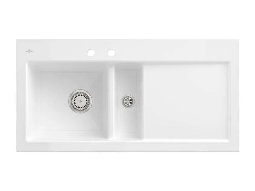 Evier 1 bac et demi avec egouttoir a droite VILLEROY ET BOCH Subway Pure 60 100 x 51 cm Blanc sans vidage