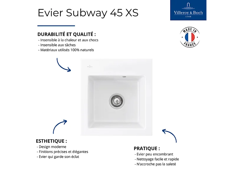 Evier VILLEROY ET BOCH Subway 45 XS Blanc crème  - avec Vidage manuel