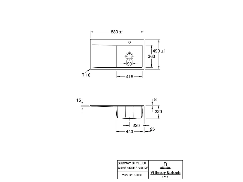 Evier 1 cuve avec vidage automatique VILLEROY ET BOCH Subway 50 flat graphite ceramic plus