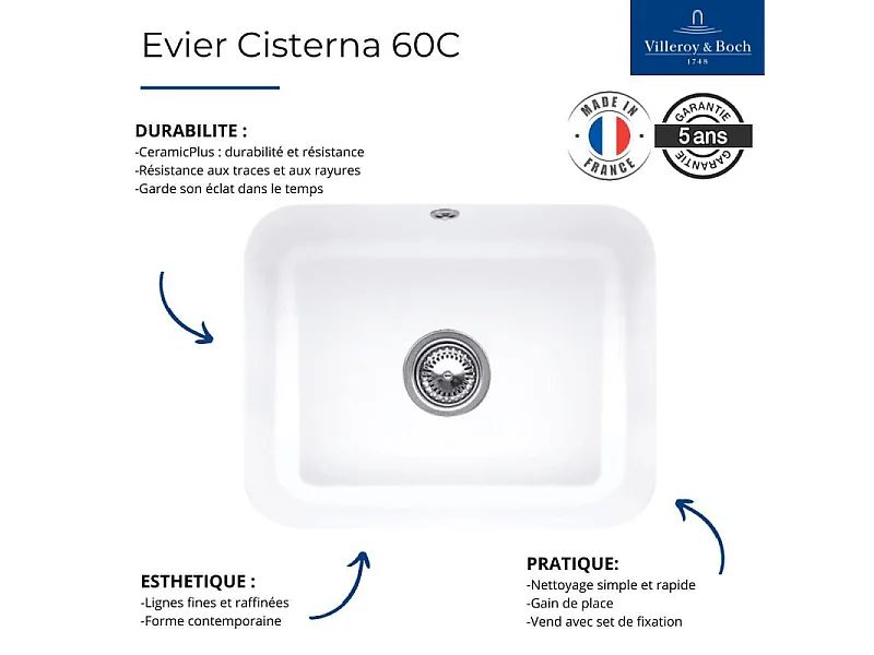 Evier 1 bac VILLEROY ET BOCH Cisterna 60C Snow White CeramicPlus
