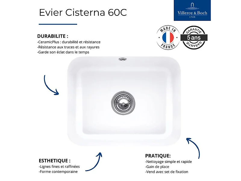 Evier 1 bac VILLEROY ET BOCH Cisterna 60C Snow White CeramicPlus