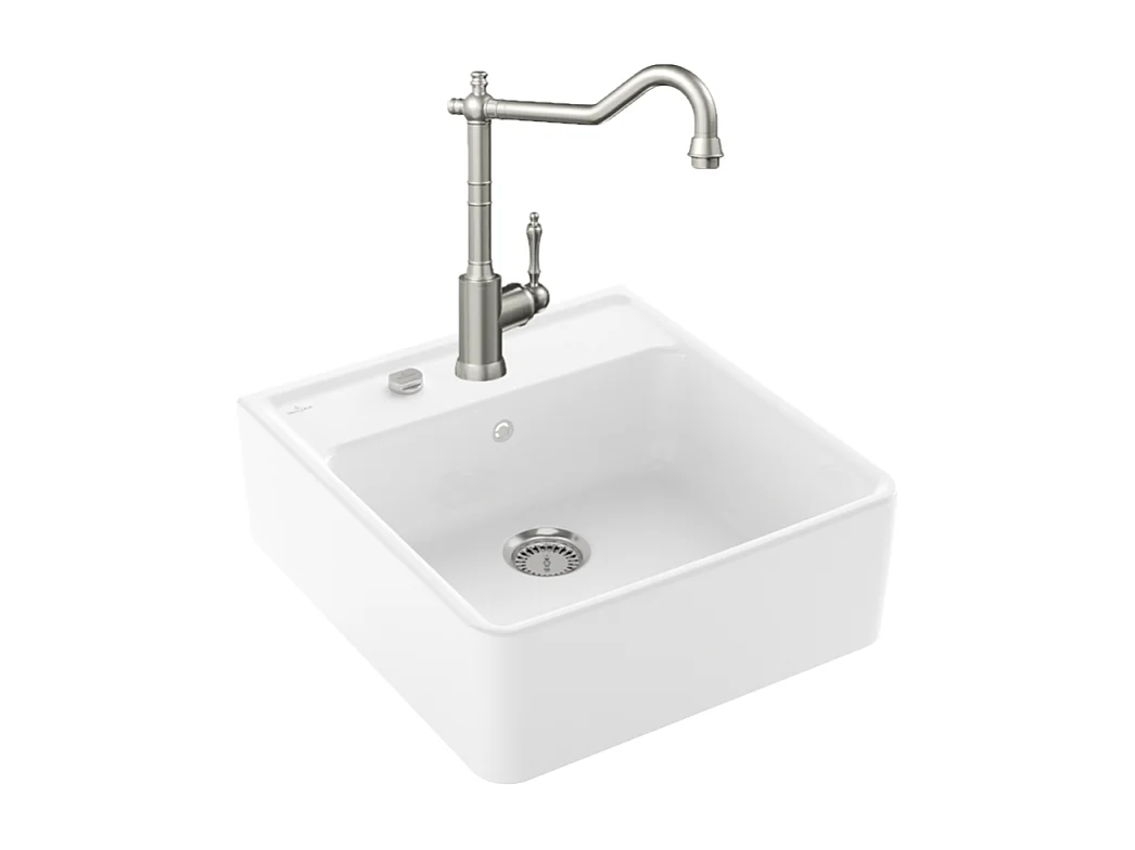 Evier VILLEROY ET BOCH Timbre d'office Tradition 1 bac vidage auto + Robinet de cuisine Avia 2.0 Acier Massif