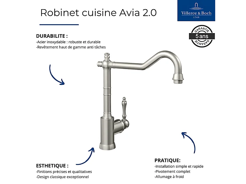 Evier VILLEROY ET BOCH Timbre d'office Tradition 1 bac vidage auto + Robinet de cuisine Avia 2.0 Acier Massif