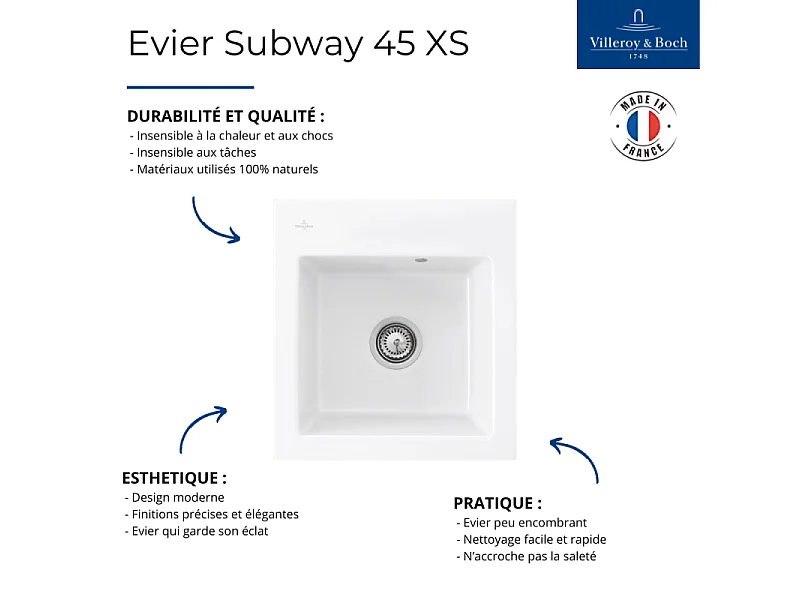 Evier VILLEROY ET BOCH Subway 45 XS Blanc snow white  - avec Vidage manuel