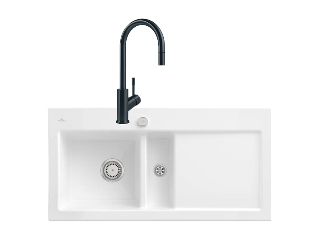 Evier VILLEROY ET BOCH Subway Pure 60 1 bac et demi égouttoir à droite vidage auto + Robinet Umbrella Flex Anthracite