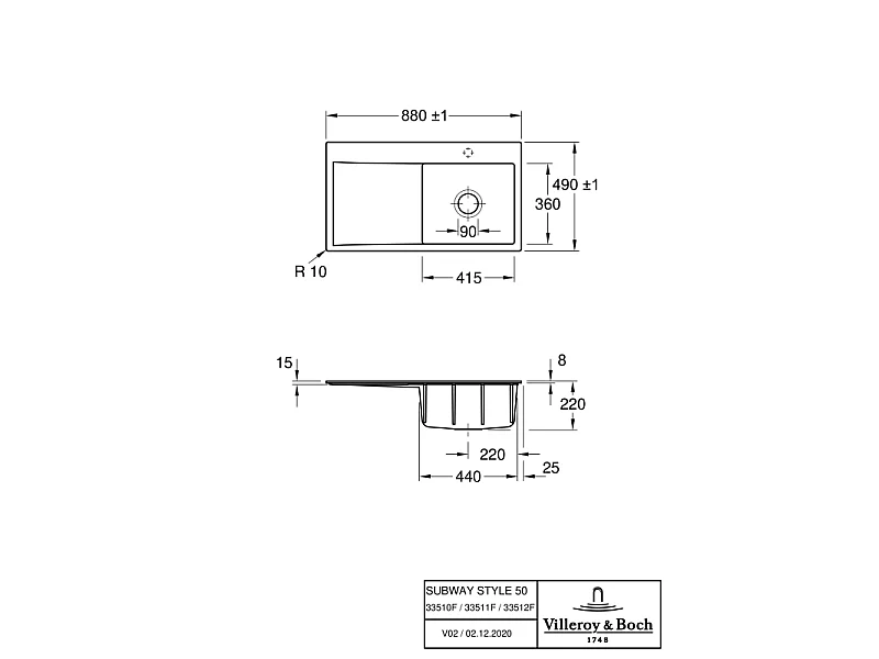 Evier 1 cuve avec vidage automatique VILLEROY ET BOCH Subway 50 flat blanc ceramic plu