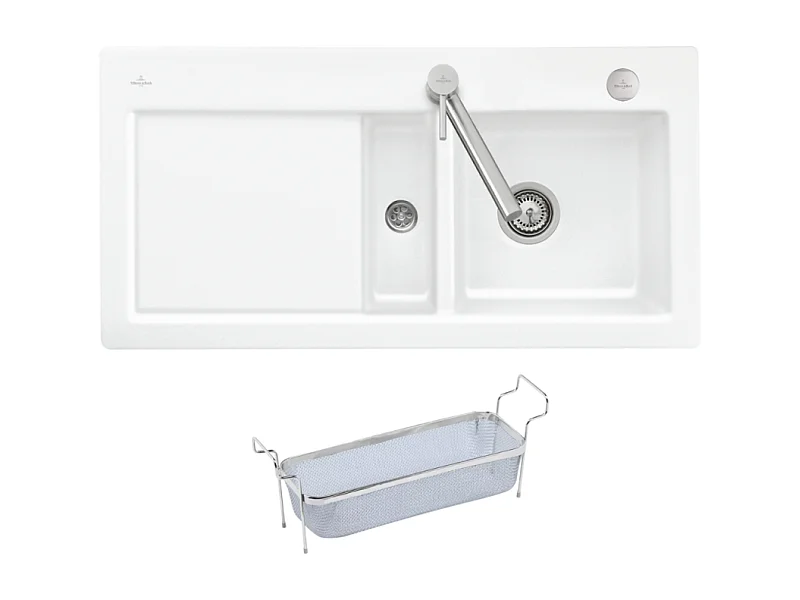 Evier 1 bac et demi VILLEROY ET BOCH Subway Pure 60 100 x 51 égouttoir à gauche céramique sans vidage blanc + Passoire
