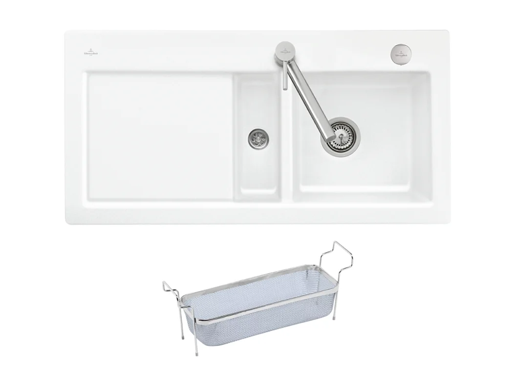 Evier 1 bac et demi VILLEROY ET BOCH Subway Pure 60 100 x 51 égouttoir à gauche céramique sans vidage blanc + Passoire