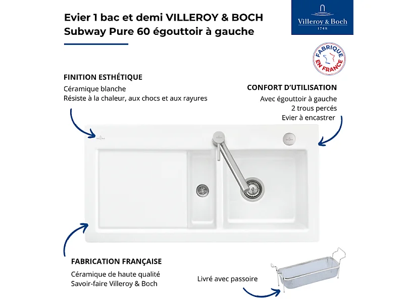 Evier 1 bac et demi VILLEROY ET BOCH Subway Pure 60 100 x 51 égouttoir à gauche céramique sans vidage blanc + Passoire