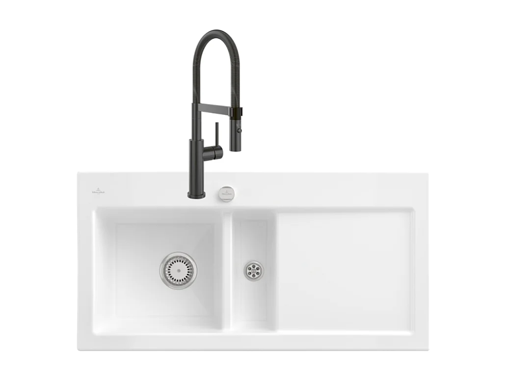 Evier VILLEROY ET BOCH Subway Pure 60 1 bac et demi égouttoir à droite vidage auto + Robinet Steel Expert 2.0 Anthracite