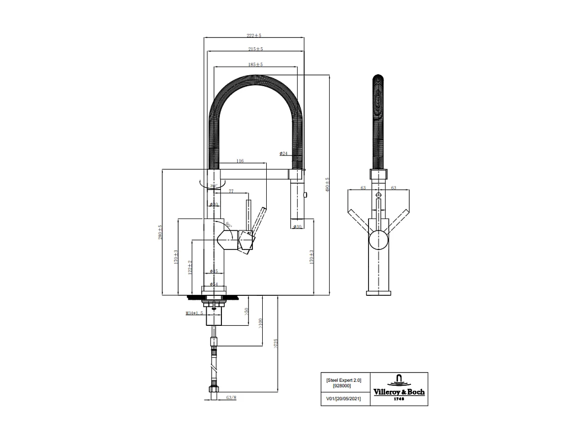 Evier VILLEROY ET BOCH Subway Pure 60 1 bac et demi égouttoir à droite vidage auto + Robinet Steel Expert 2.0 Anthracite