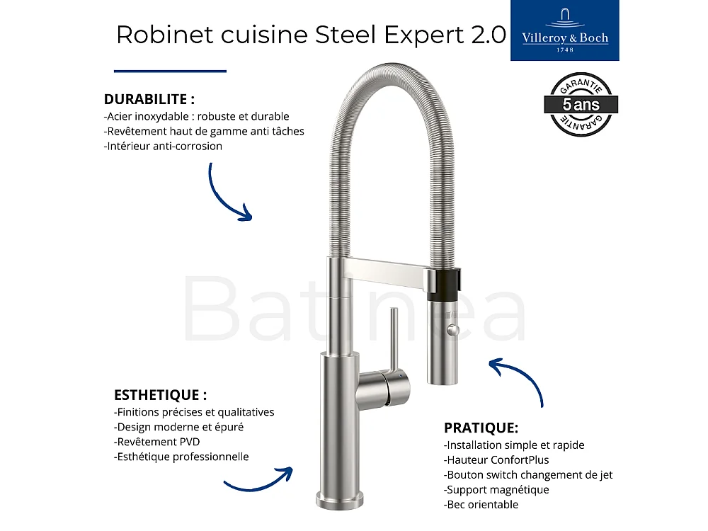 Evier VILLEROY ET BOCH Subway Pure 60 1 bac et demi égouttoir à droite vidage auto + Robinet Steel Expert 2.0 Anthracite