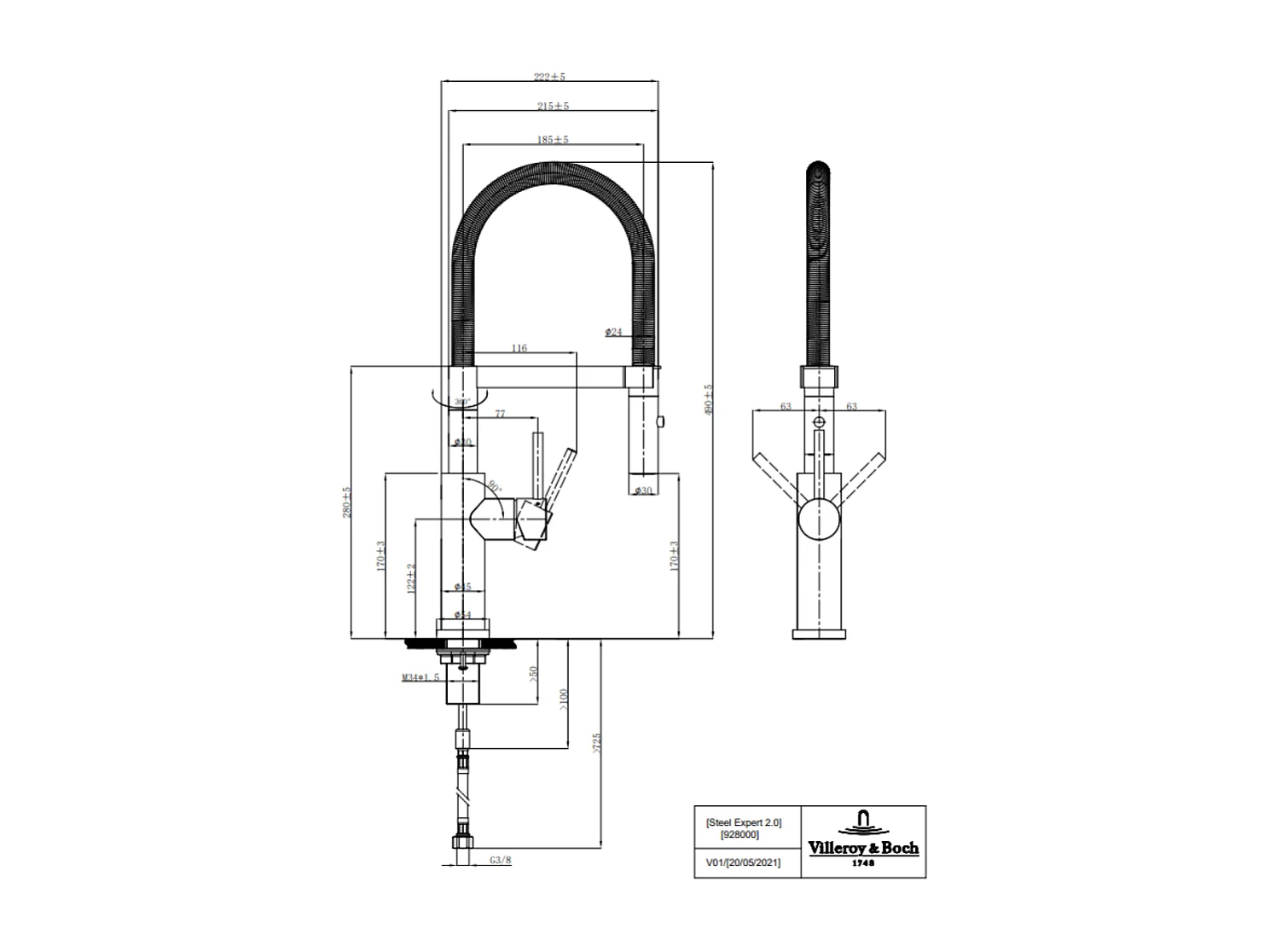 Evier VILLEROY ET BOCH Subway Pure 60 1 bac et demi égouttoir à droite vidage auto + Robinet Steel Expert 2.0 Anthracite