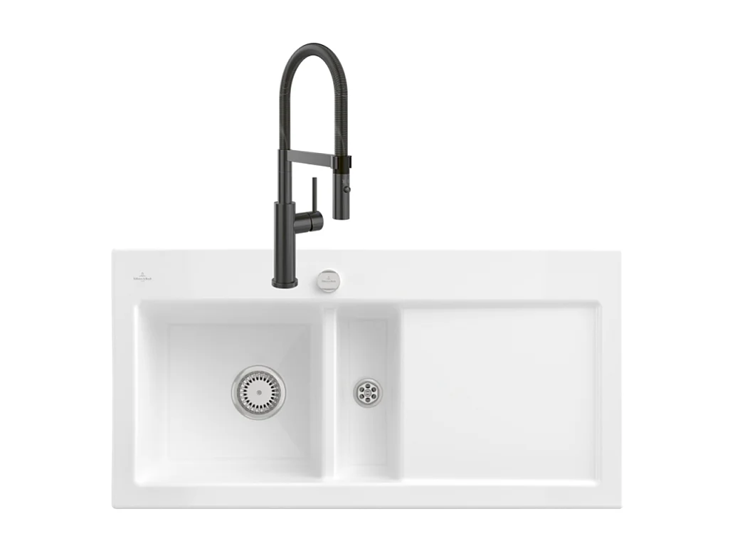Evier VILLEROY ET BOCH Subway Pure 60 1 bac et demi égouttoir à droite vidage auto + Robinet Steel Expert 2.0 Anthracite