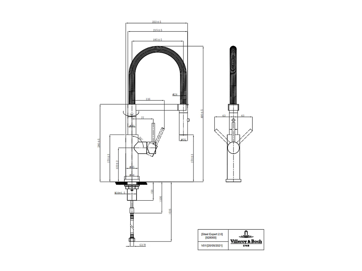 Evier VILLEROY ET BOCH Subway Pure 60 1 bac et demi égouttoir à droite vidage auto + Robinet Steel Expert 2.0 Anthracite
