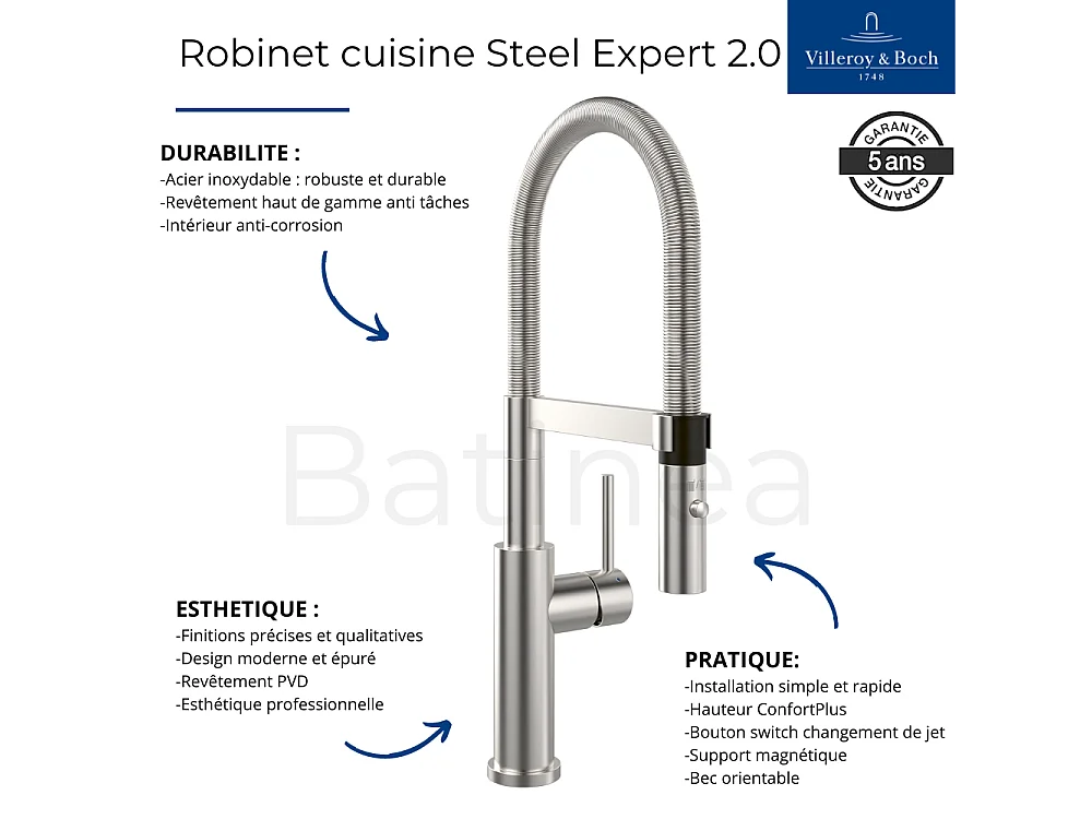 Evier VILLEROY ET BOCH Subway Pure 60 1 bac et demi égouttoir à droite vidage auto + Robinet Steel Expert 2.0 Anthracite