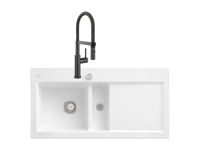Evier VILLEROY ET BOCH Subway Pure 60 1 bac et demi égouttoir à droite vidage auto + Robinet Steel Expert 2.0 Anthracite
