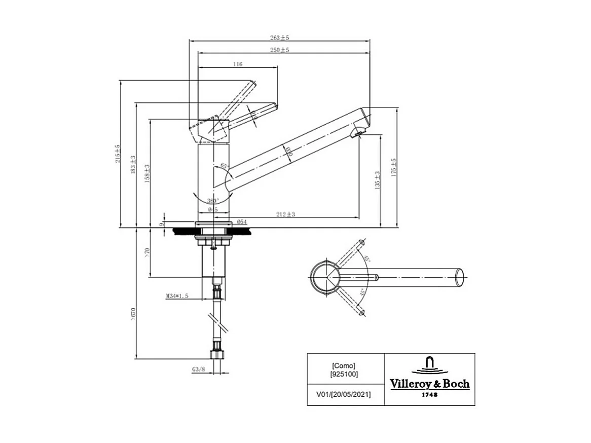 Evier 1 bac VILLEROY ET BOCH Architectura 60 vidage auto + Robinet de cuisine Como Acier Massif