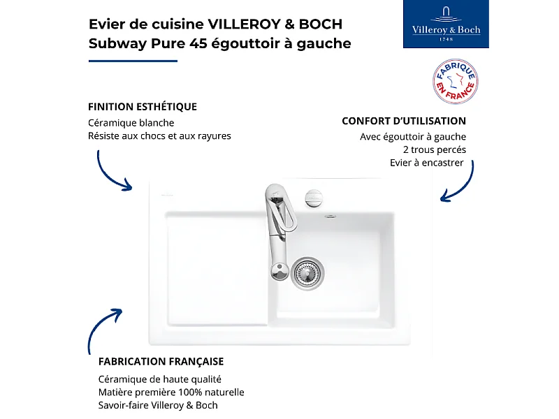 Evier 1 bac avec egouttoir a gauche VILLEROY ET BOCH Subway Pure 45 78 x 51 cm Blanc