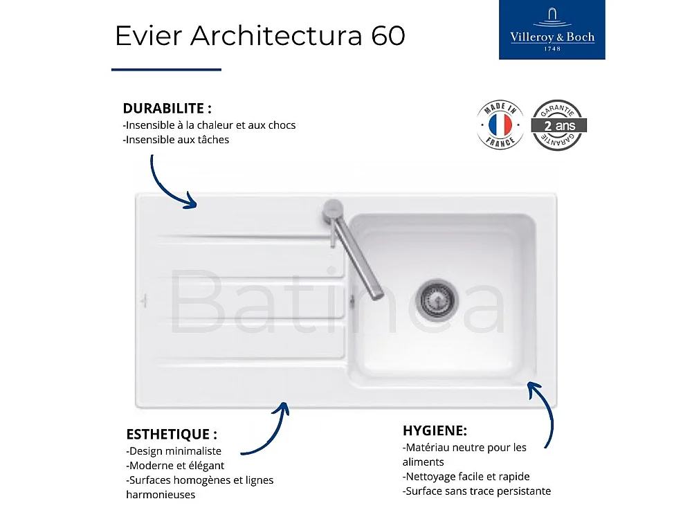 Evier 100x 51 cm VILLEROY ET BOCH Architectura 60 Fossile vidage automatique inclus