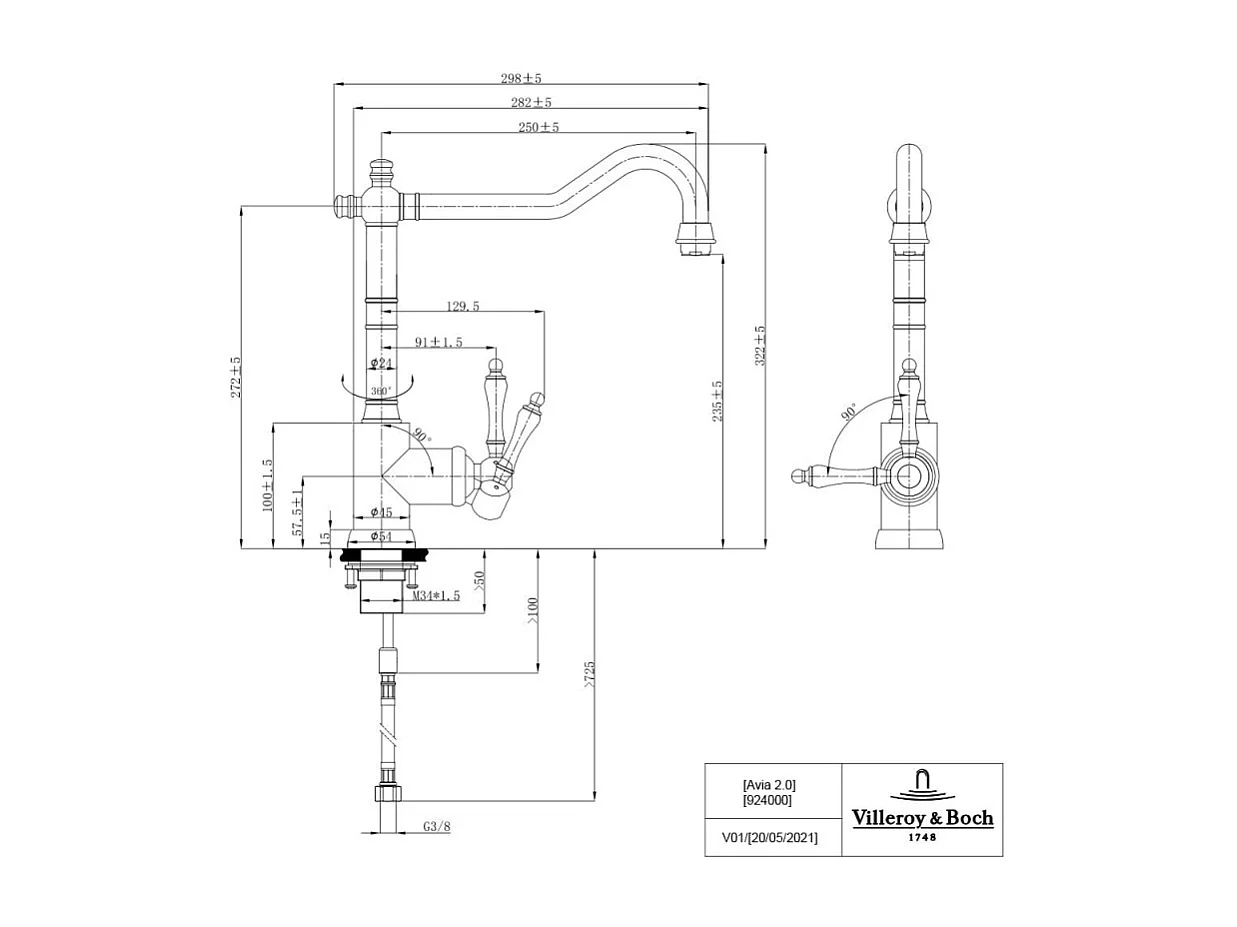 Evier VILLEROY ET BOCH Timbre d'office Tradition 1 bac vidage auto + Robinet de cuisine Avia 2.0 Bronze