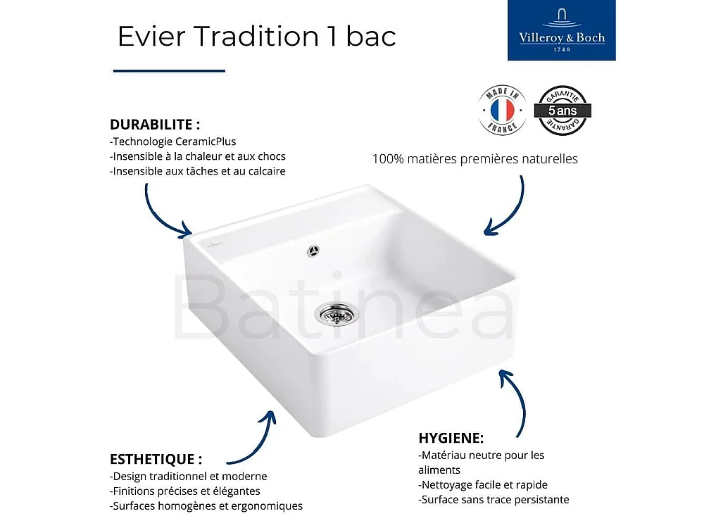 Evier VILLEROY ET BOCH Timbre d'office Tradition 1 bac vidage auto + Robinet de cuisine Avia 2.0 Bronze