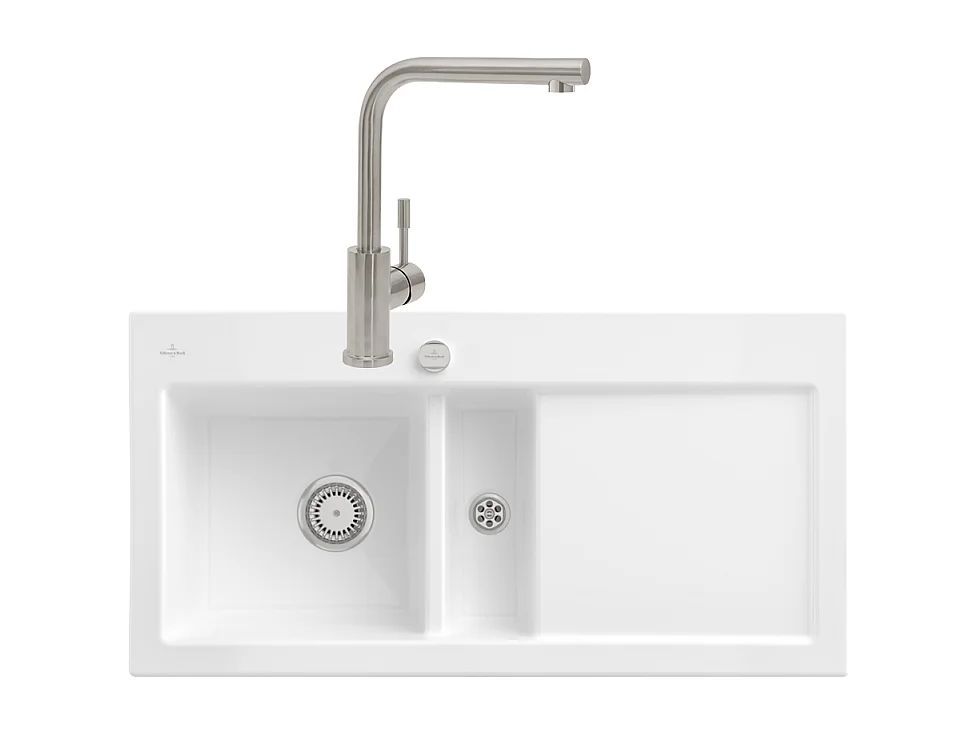 Evier VILLEROY ET BOCH Subway Pure 60 1 bac et demi égouttoir à droite vidage auto + Robinet Modern Steel Acier Massif