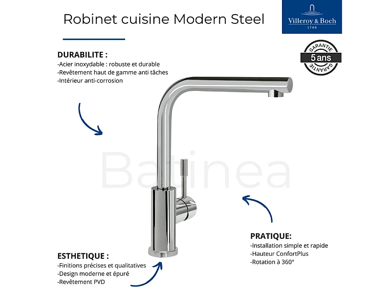Evier VILLEROY ET BOCH Subway Pure 60 1 bac et demi égouttoir à droite vidage auto + Robinet Modern Steel Acier Massif