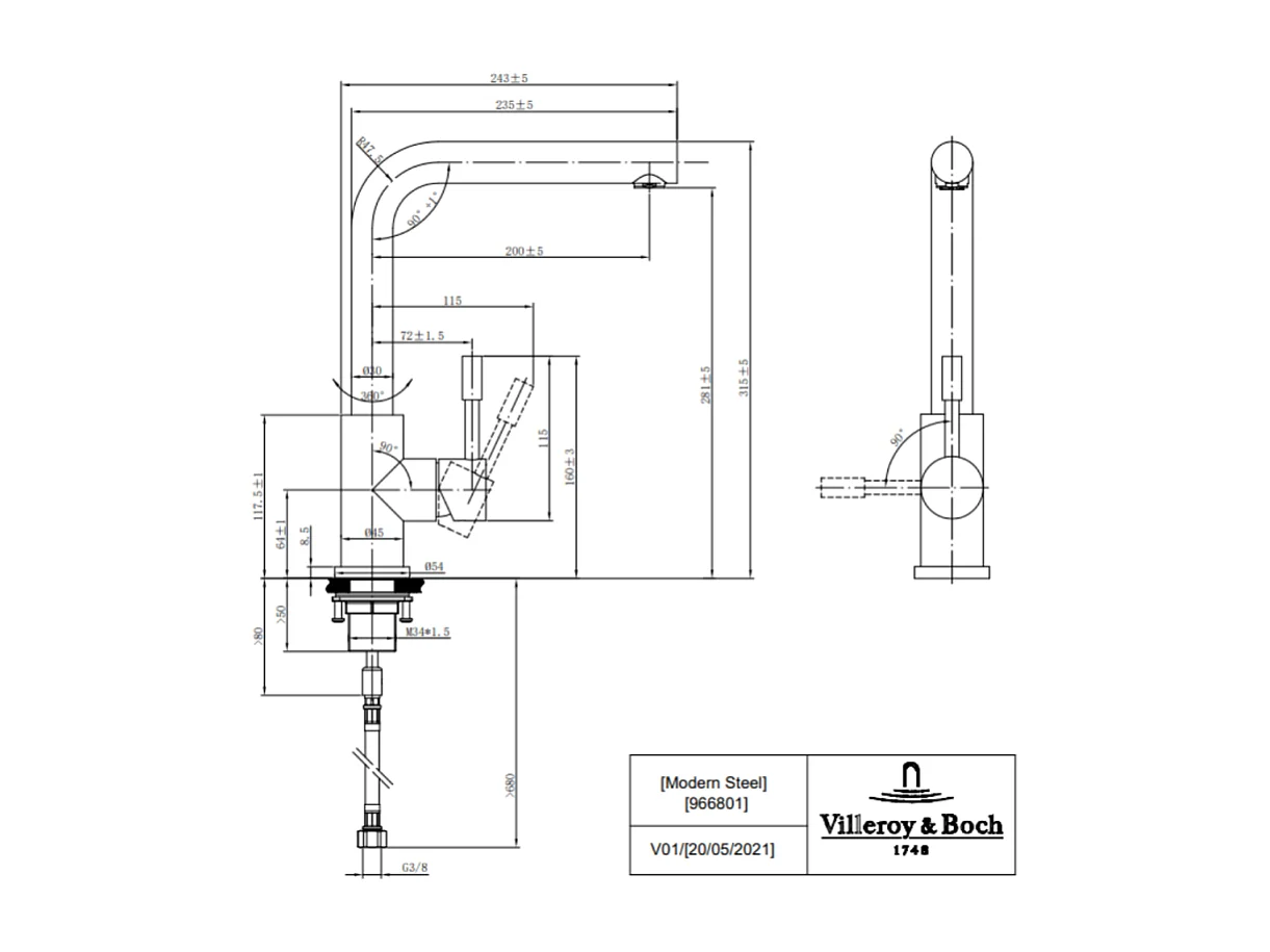 Evier VILLEROY ET BOCH Subway Pure 60 1 bac et demi égouttoir à droite vidage auto + Robinet Modern Steel Acier Massif