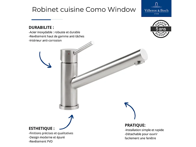 Evier 1 bac VILLEROY ET BOCH Architectura 60 vidage auto + Robinet de cuisine Como Window Acier Massif