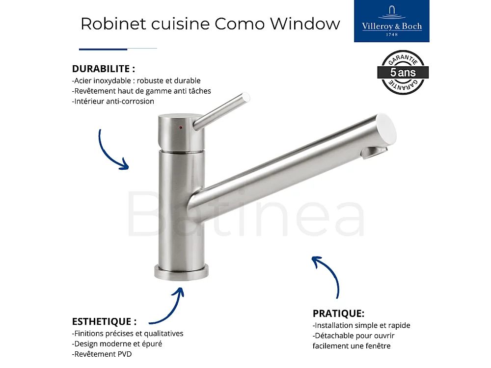Evier 1 bac VILLEROY ET BOCH Architectura 60 vidage auto + Robinet de cuisine Como Window Acier Massif