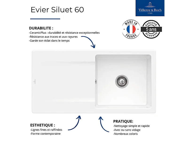 Evier VILLEROY ET BOCH Siluet 60 Steam CeramicPlus avec vidage automatique