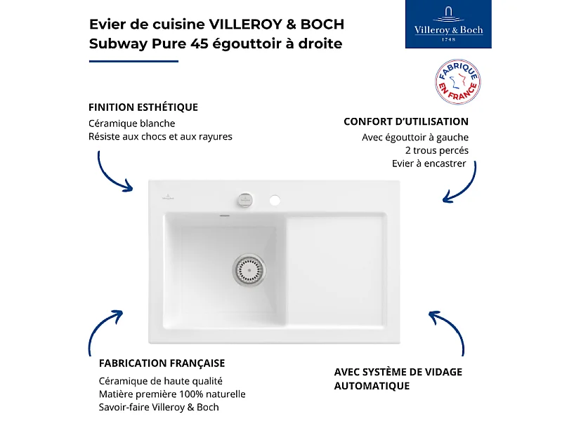 Evier 1 bac avec egouttoir a droite VILLEROY ET BOCH Subway Pure 45 78 x 51 cm Blanc vidage automatique inclus