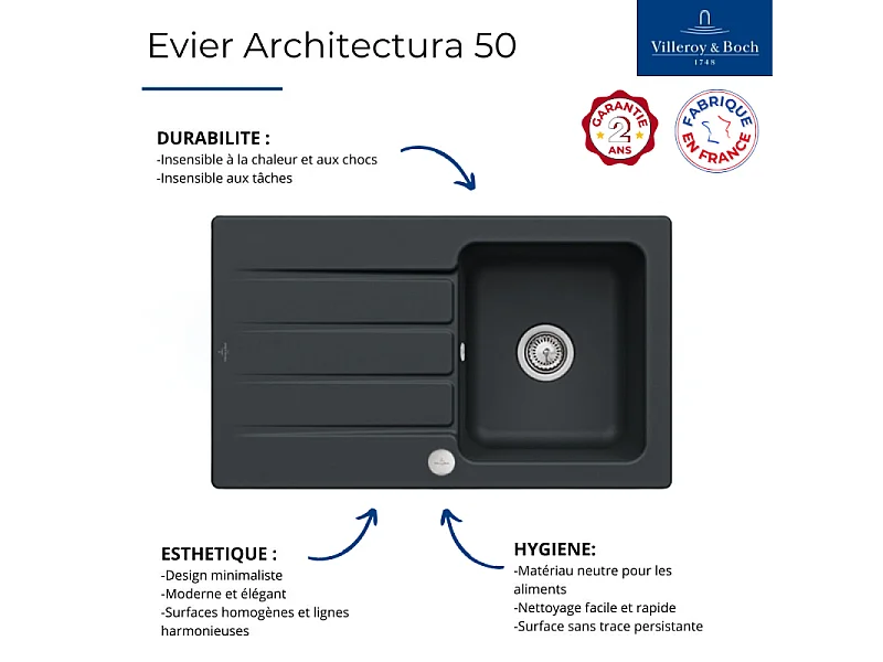 Evier à encastrer 1 bac VILLEROY ET BOCH Architectura 50 Ebony