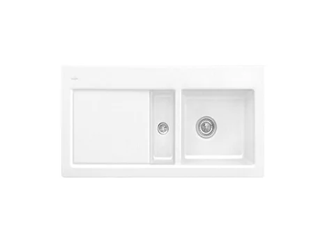 Evier 1 cuve et demi VILLEROY ET BOCH Subway 60 100 x 51 cm egouttoir a gauche Snow White CeramicPlus avec vidage manuel